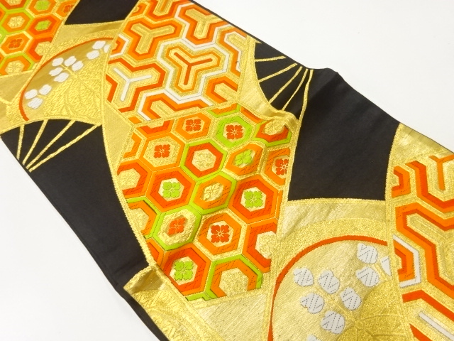 アンティーク　扇に古典柄模様織出し袋帯（着用可）